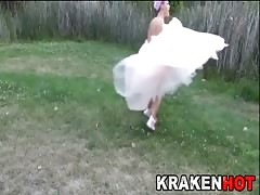 Hard Bride having fun outdoor. Public submission BDSM